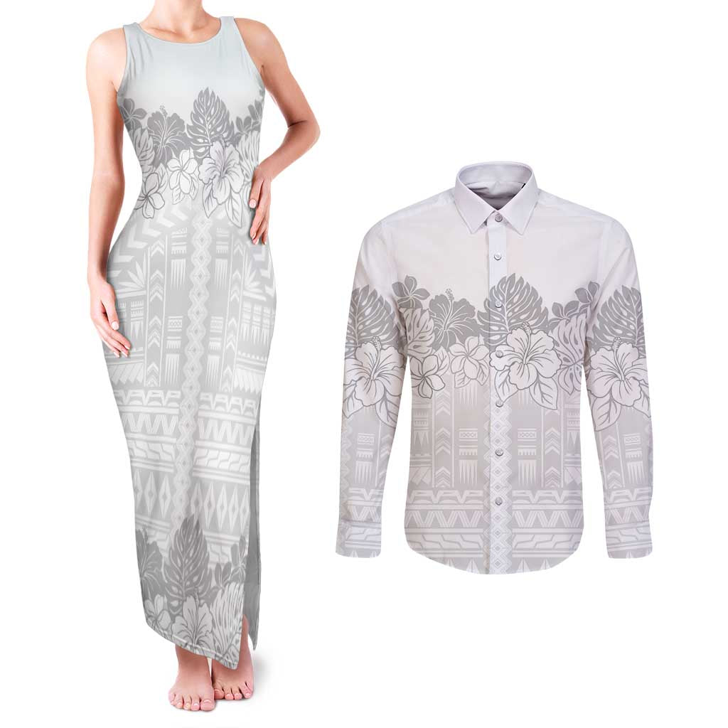 Samoa Lotu Tamaiti Couples Matching Tank Maxi Dress and Long Sleeve Button Shirt White Sunday Polynesian Pattern With Tropical Flowers
