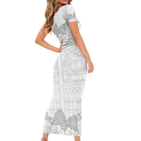 Samoa Lotu Tamaiti Short Sleeve Bodycon Dress White Sunday Polynesian Pattern With Tropical Flowers