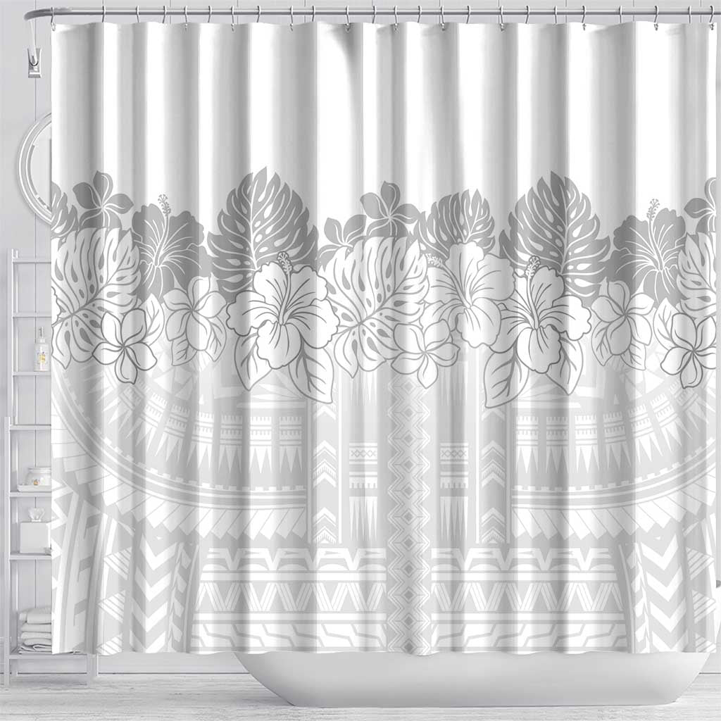Samoa Lotu Tamaiti Shower Curtain White Sunday Polynesian Pattern With Tropical Flowers
