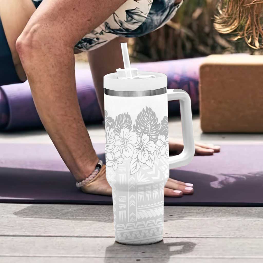 Samoa Lotu Tamaiti Tumbler With Handle White Sunday Polynesian Pattern With Tropical Flowers