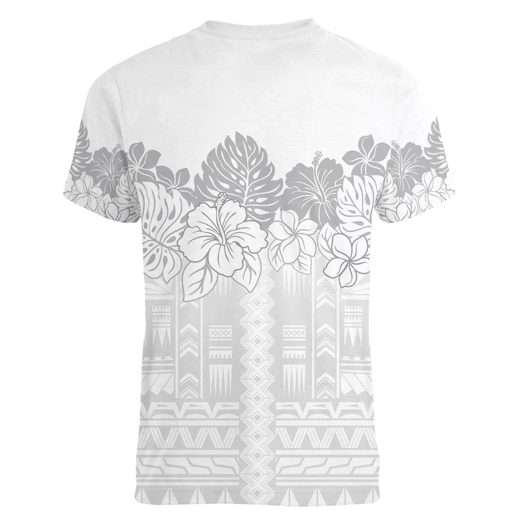 Samoa Lotu Tamaiti Women V-Neck T-Shirt White Sunday Polynesian Pattern With Tropical Flowers