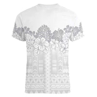Samoa Lotu Tamaiti Women V-Neck T-Shirt White Sunday Polynesian Pattern With Tropical Flowers