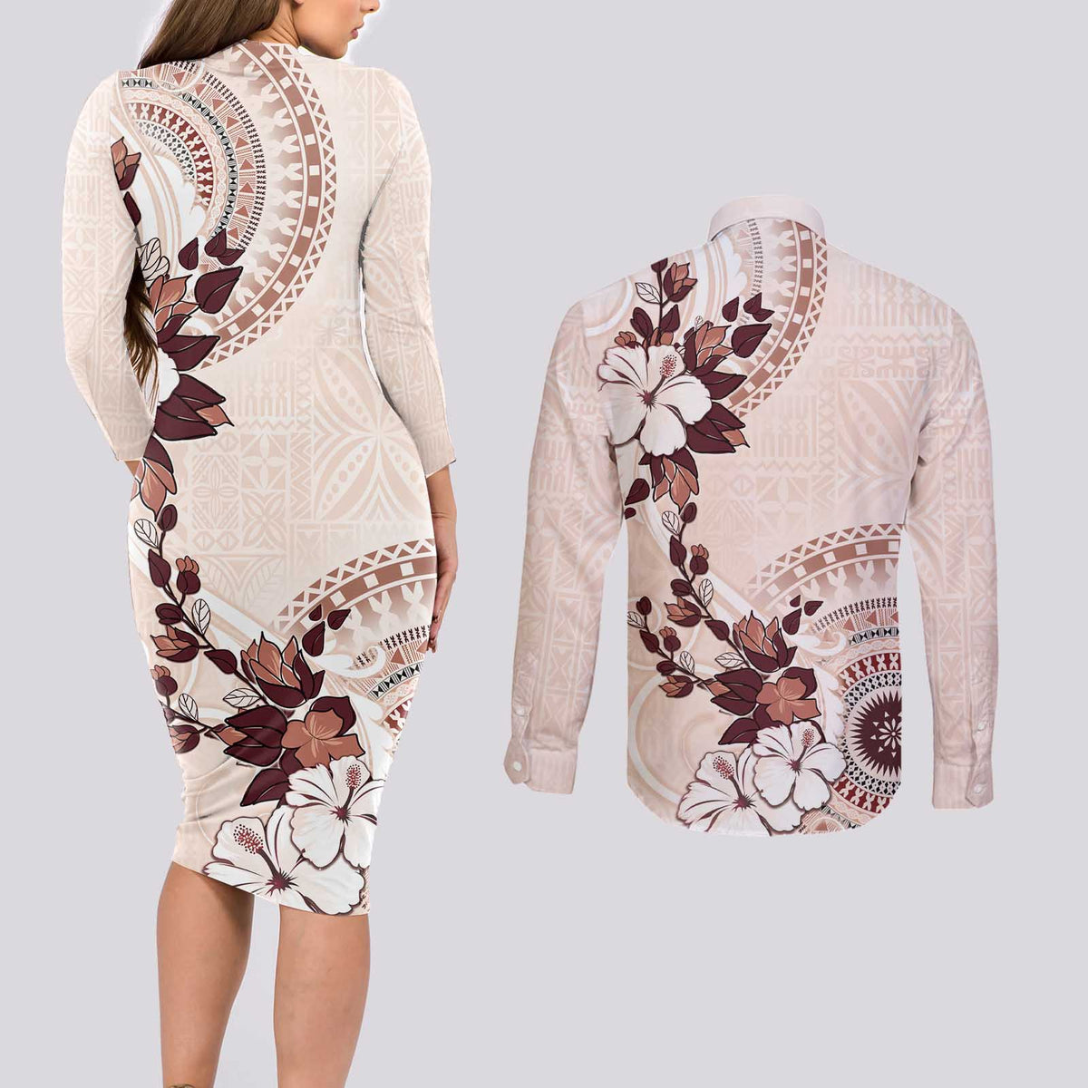 Bula Fiji Language Week Couples Matching Long Sleeve Bodycon Dress and Long Sleeve Button Shirt Fijian Tapa Pattern With Tagimoucia Flower