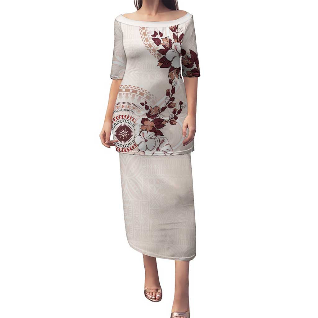 Bula Fiji Language Week Puletasi Fijian Tapa Pattern With Tagimoucia Flower LT05 Long Dress Beige - Polynesian Pride
