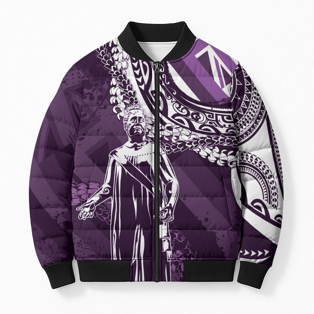 Hawaii Queen Liliuokalani Bomber Puffer Jacket Hawaiian Maile Lei Flag Style LT05 Unisex Purple - Polynesian Pride
