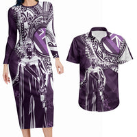 Hawaii Queen Liliuokalani Couples Matching Long Sleeve Bodycon Dress and Hawaiian Shirt Hawaiian Maile Lei Flag Style LT05 Purple - Polynesian Pride