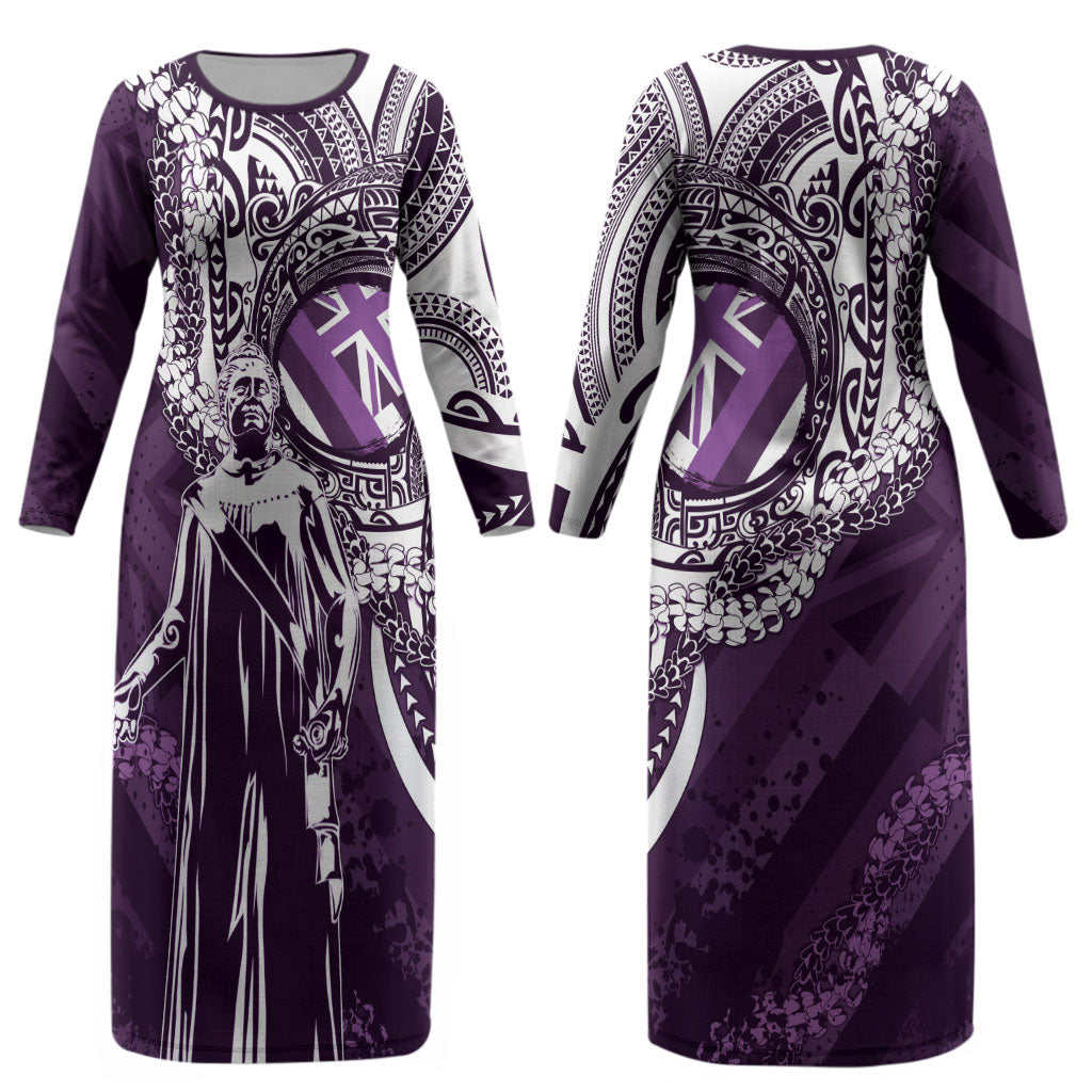 Hawaii Queen Liliuokalani Couples Matching Long Sleeve Bodycon Dress and Hawaiian Shirt Hawaiian Maile Lei Flag Style LT05 - Polynesian Pride