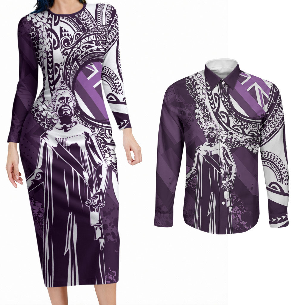 Hawaii Queen Liliuokalani Couples Matching Long Sleeve Bodycon Dress and Long Sleeve Button Shirt Hawaiian Maile Lei Flag Style LT05 Purple - Polynesian Pride
