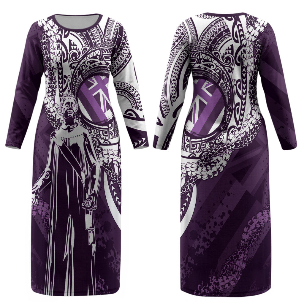 Hawaii Queen Liliuokalani Couples Matching Long Sleeve Bodycon Dress and Long Sleeve Button Shirt Hawaiian Maile Lei Flag Style LT05 - Polynesian Pride