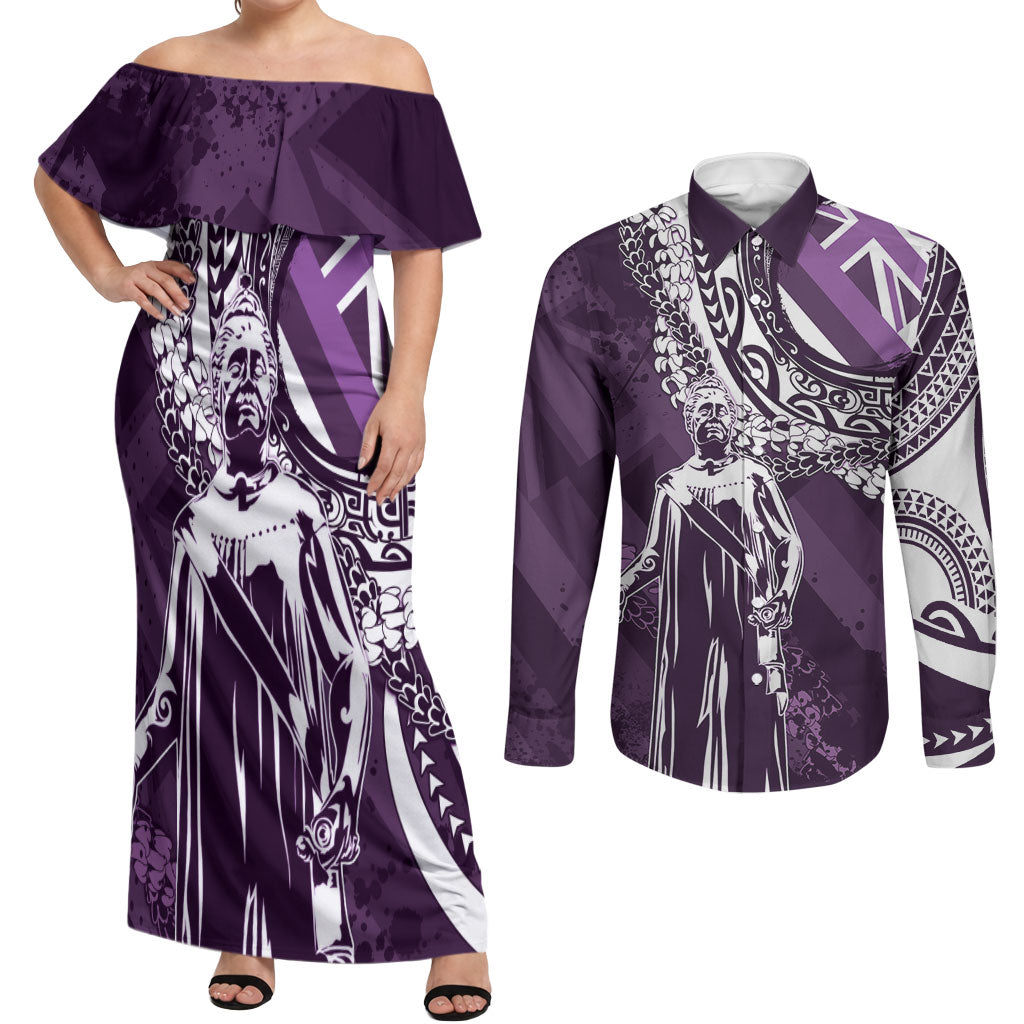 Hawaii Queen Liliuokalani Couples Matching Off Shoulder Maxi Dress and Long Sleeve Button Shirt Hawaiian Maile Lei Flag Style LT05 Purple - Polynesian Pride