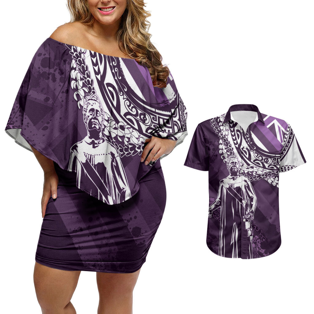 Hawaii Queen Liliuokalani Couples Matching Off Shoulder Short Dress and Hawaiian Shirt Hawaiian Maile Lei Flag Style LT05 Purple - Polynesian Pride