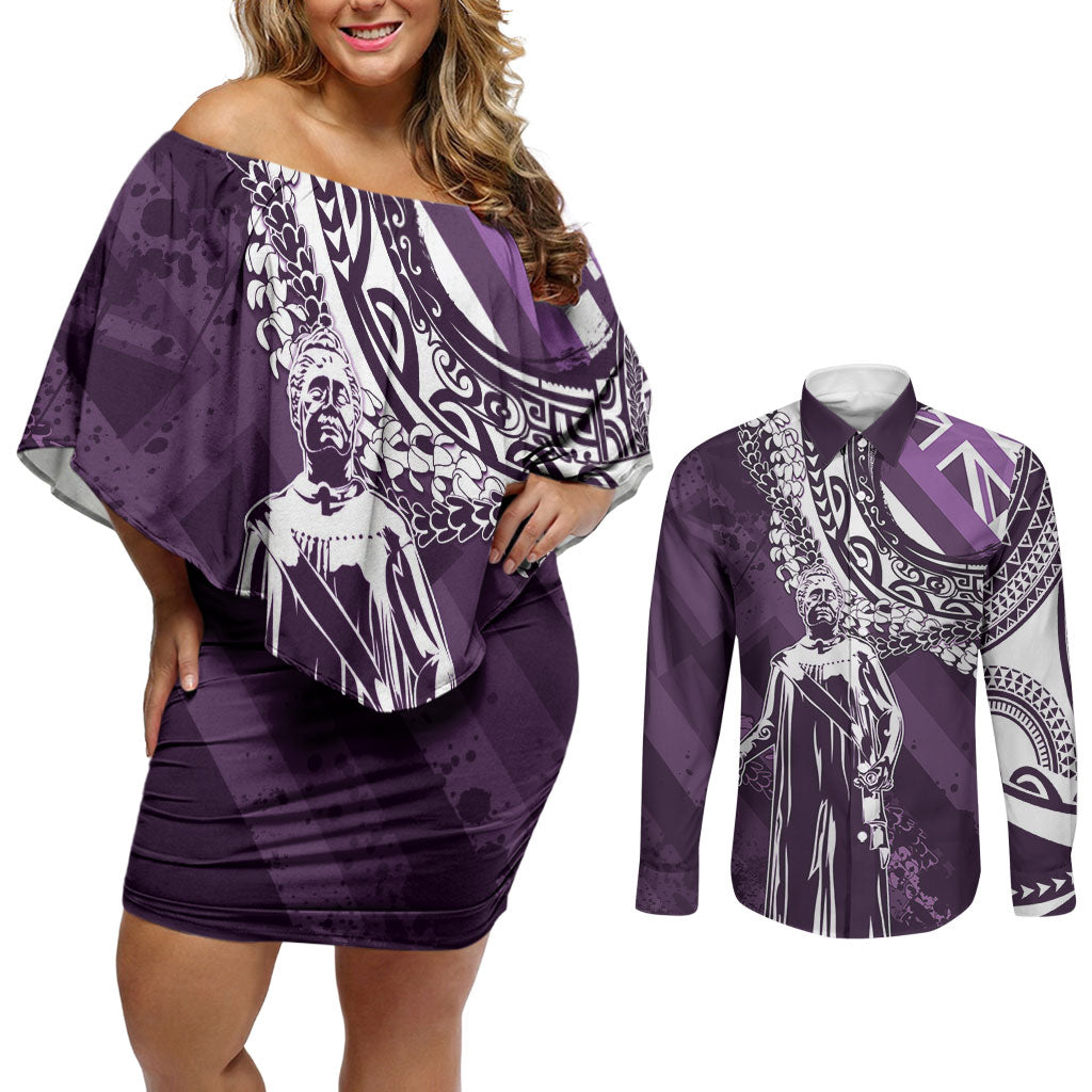 Hawaii Queen Liliuokalani Couples Matching Off Shoulder Short Dress and Long Sleeve Button Shirt Hawaiian Maile Lei Flag Style LT05 Purple - Polynesian Pride