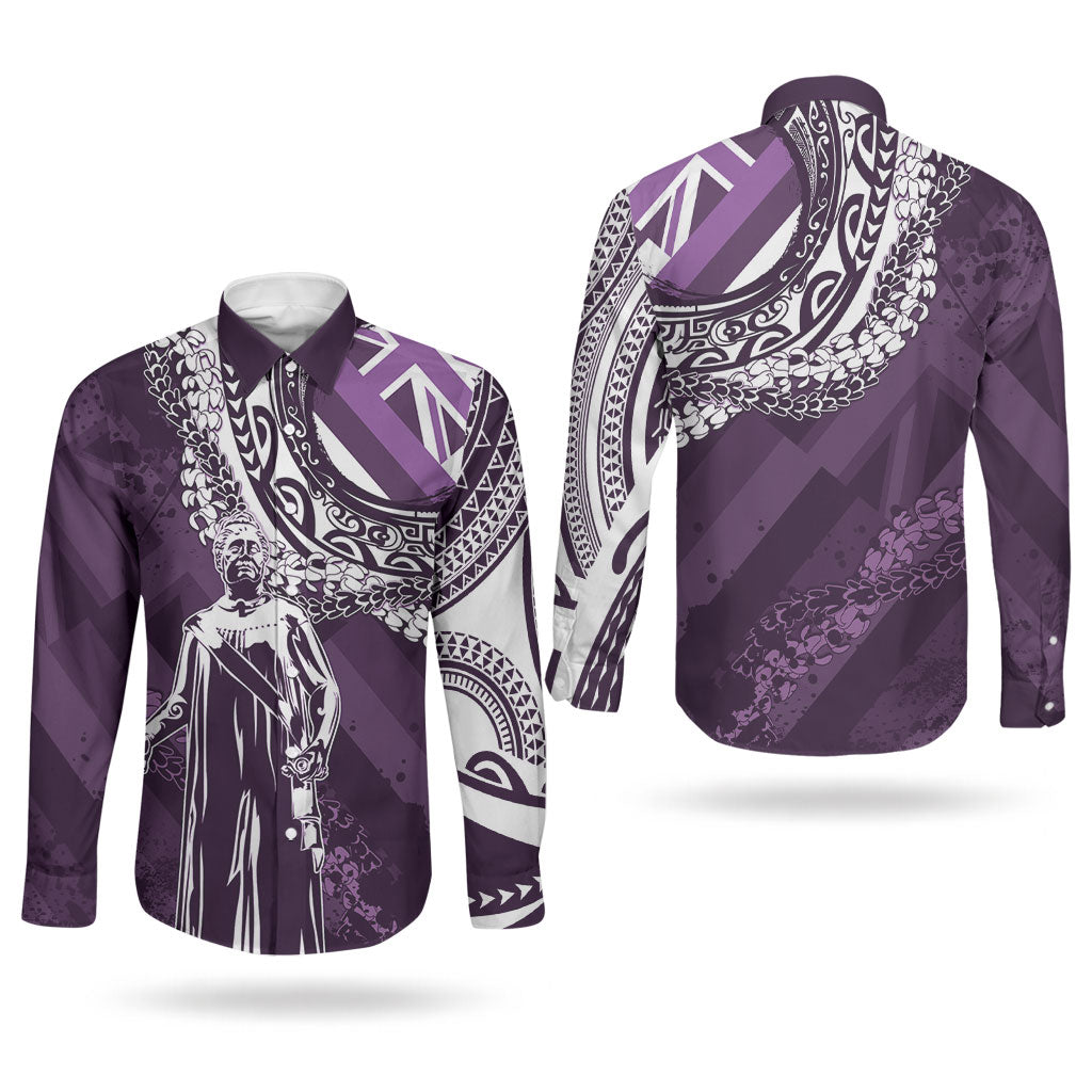 Hawaii Queen Liliuokalani Couples Matching Off Shoulder Short Dress and Long Sleeve Button Shirt Hawaiian Maile Lei Flag Style LT05 - Polynesian Pride