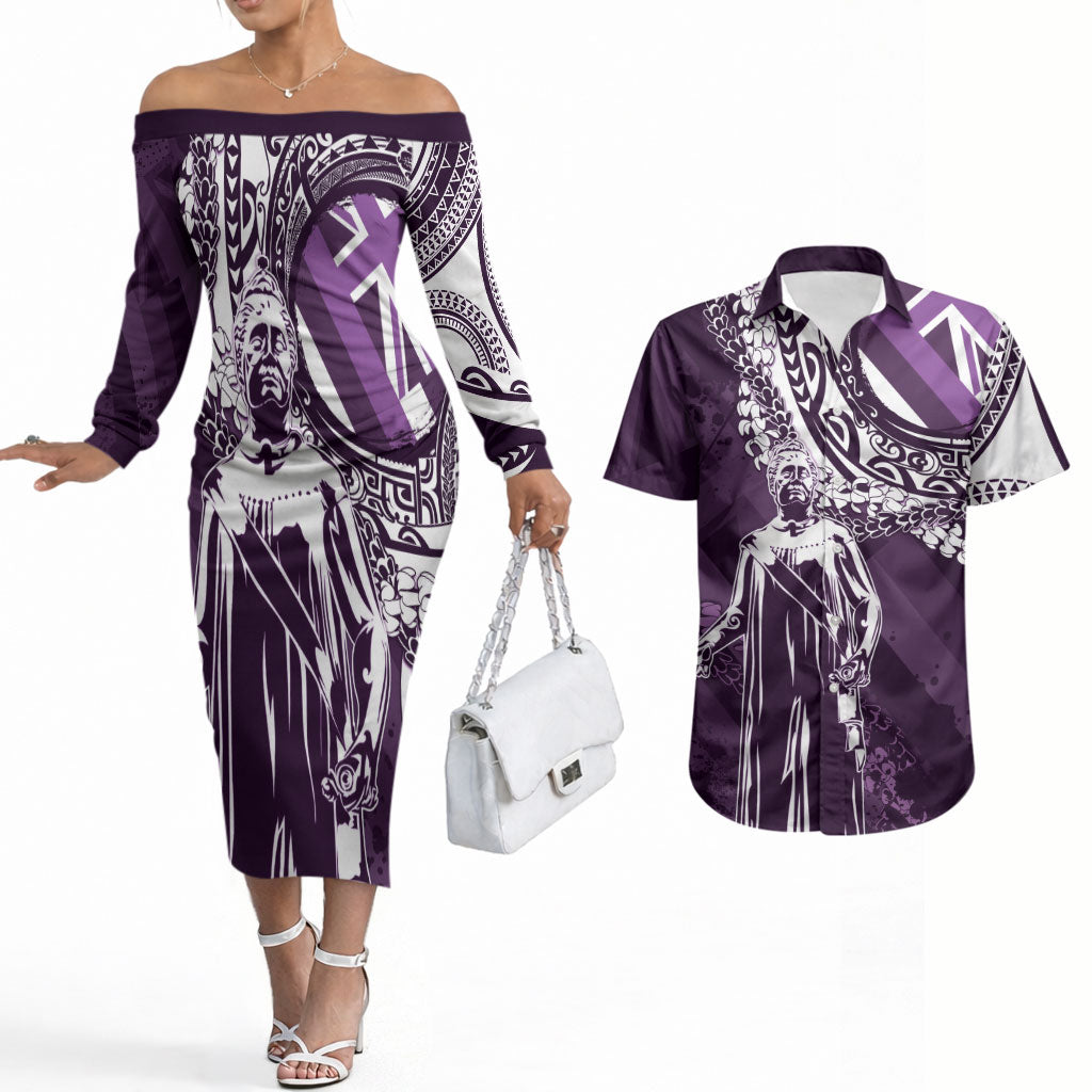 Hawaii Queen Liliuokalani Couples Matching Off The Shoulder Long Sleeve Dress and Hawaiian Shirt Hawaiian Maile Lei Flag Style LT05 Purple - Polynesian Pride
