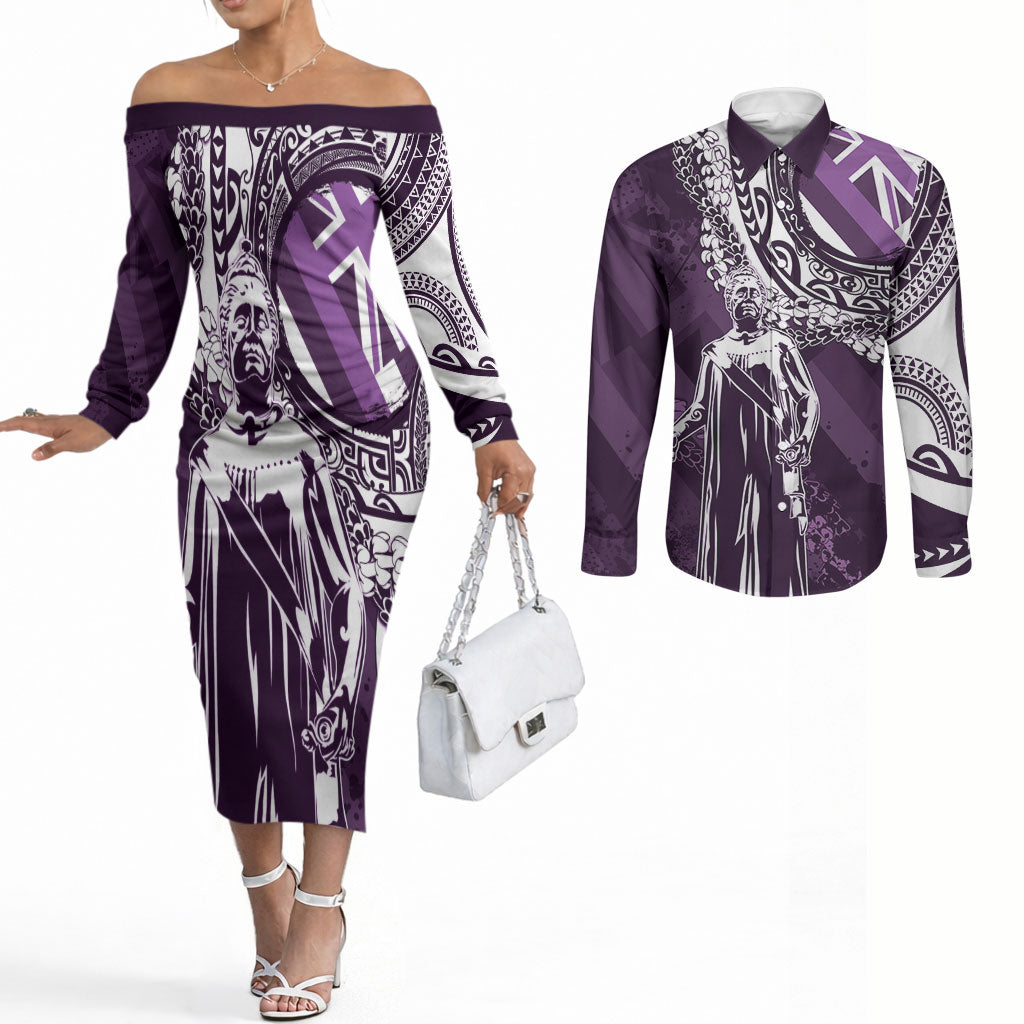 Hawaii Queen Liliuokalani Couples Matching Off The Shoulder Long Sleeve Dress and Long Sleeve Button Shirt Hawaiian Maile Lei Flag Style LT05 Purple - Polynesian Pride
