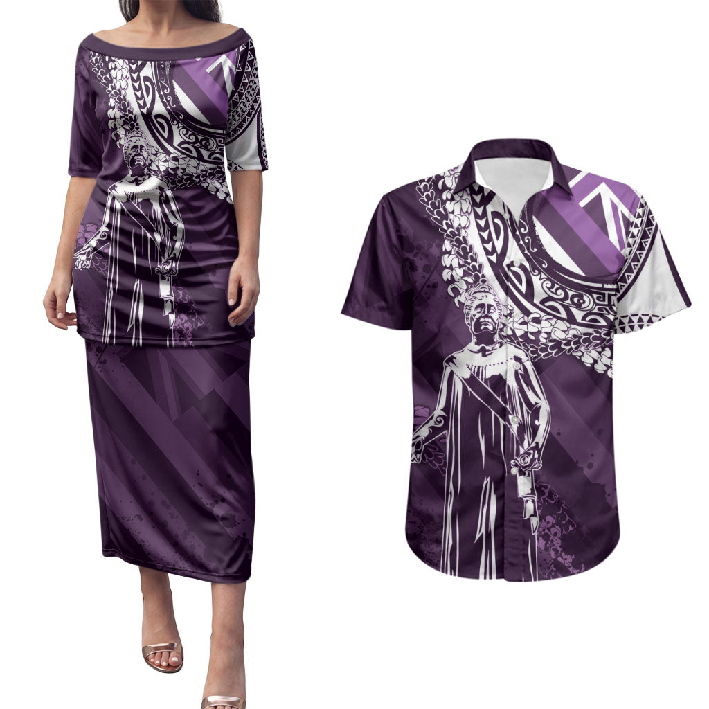 Hawaii Queen Liliuokalani Couples Matching Puletasi and Hawaiian Shirt Hawaiian Maile Lei Flag Style LT05 Purple - Polynesian Pride