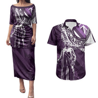 Hawaii Queen Liliuokalani Couples Matching Puletasi and Hawaiian Shirt Hawaiian Maile Lei Flag Style LT05 Purple - Polynesian Pride