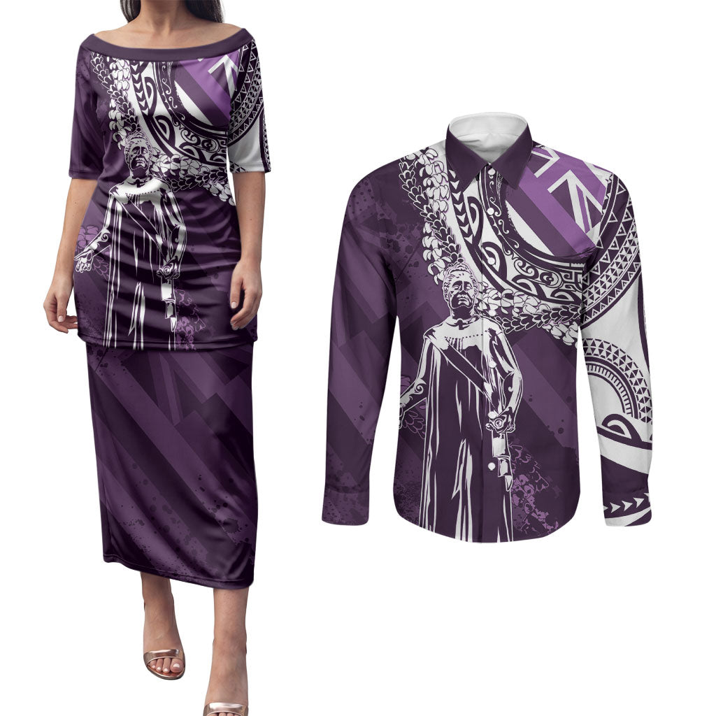 Hawaii Queen Liliuokalani Couples Matching Puletasi and Long Sleeve Button Shirt Hawaiian Maile Lei Flag Style LT05 Purple - Polynesian Pride