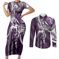 Hawaii Queen Liliuokalani Couples Matching Short Sleeve Bodycon Dress and Long Sleeve Button Shirt Hawaiian Maile Lei Flag Style LT05 Purple - Polynesian Pride