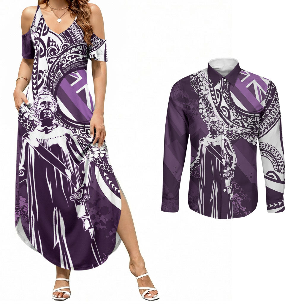 Hawaii Queen Liliuokalani Couples Matching Summer Maxi Dress and Long Sleeve Button Shirt Hawaiian Maile Lei Flag Style LT05 Purple - Polynesian Pride