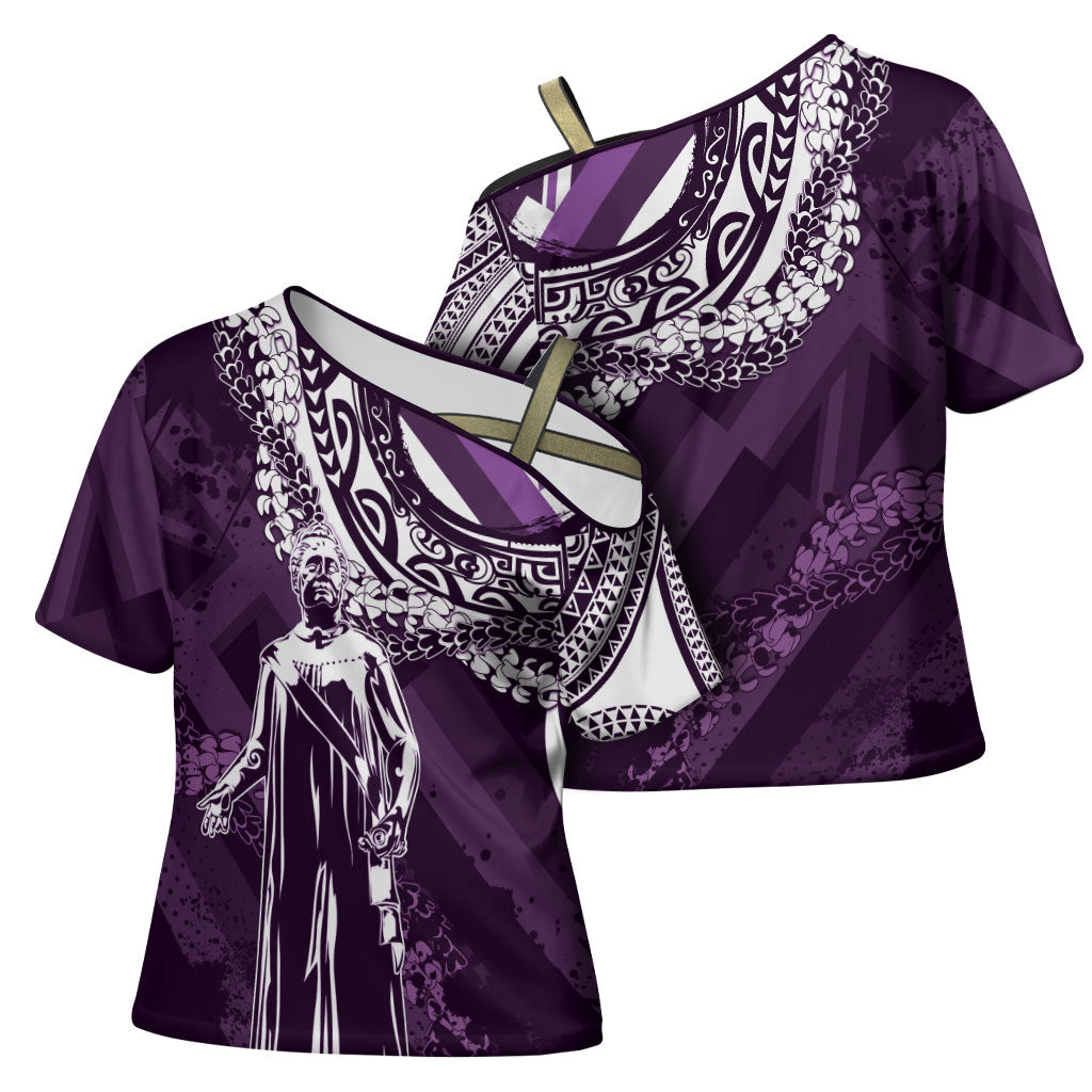 Hawaii Queen Liliuokalani Cross Shoulder Shirt Hawaiian Maile Lei Flag Style LT05 - Polynesian Pride