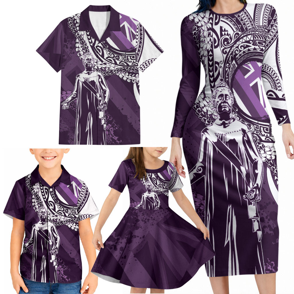 Hawaii Queen Liliuokalani Family Matching Long Sleeve Bodycon Dress and Hawaiian Shirt Hawaiian Maile Lei Flag Style LT05 - Polynesian Pride