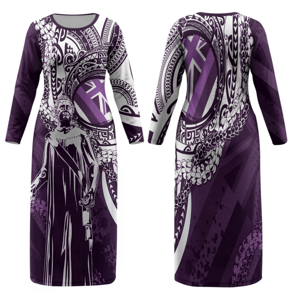 Hawaii Queen Liliuokalani Family Matching Long Sleeve Bodycon Dress and Hawaiian Shirt Hawaiian Maile Lei Flag Style LT05 Mom's Dress Purple - Polynesian Pride