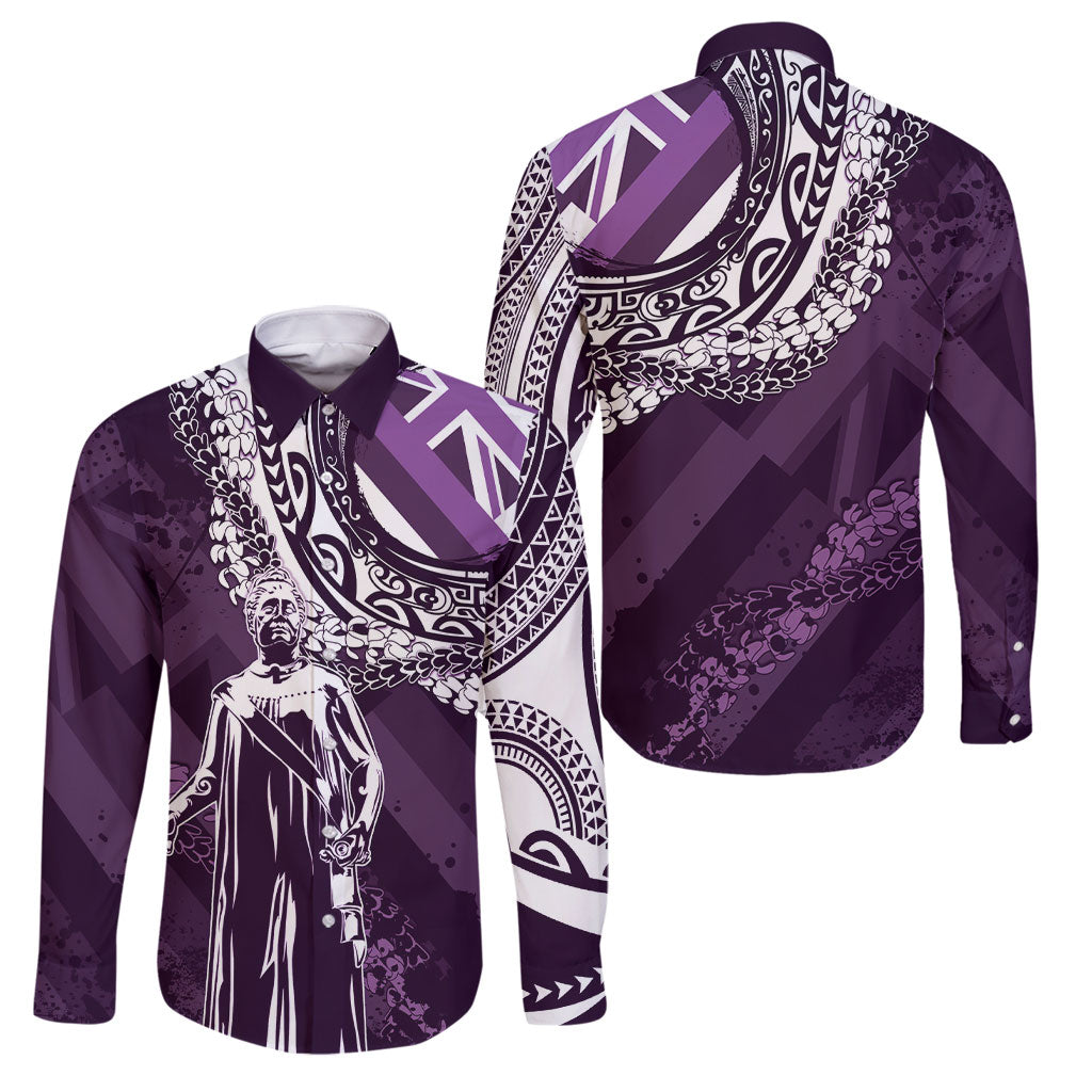 Hawaii Queen Liliuokalani Family Matching Long Sleeve Bodycon Dress and Hawaiian Shirt Hawaiian Maile Lei Flag Style LT05 Dad's Shirt - Long Sleeve Purple - Polynesian Pride