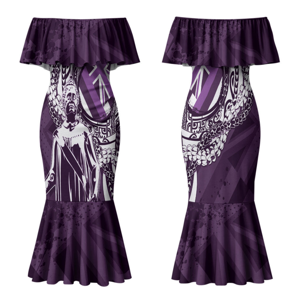 Hawaii Queen Liliuokalani Family Matching Mermaid Dress and Hawaiian Shirt Hawaiian Maile Lei Flag Style LT05 Mom's Dress Purple - Polynesian Pride