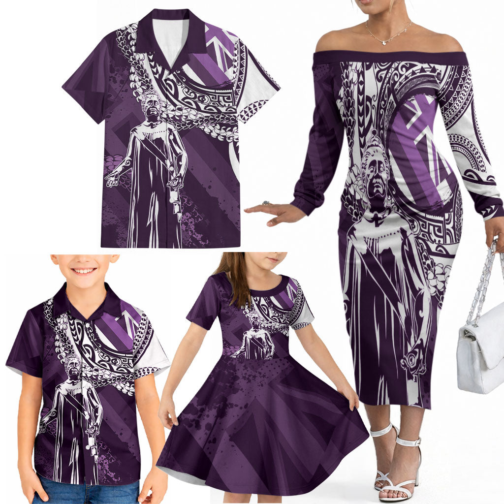 Hawaii Queen Liliuokalani Family Matching Off The Shoulder Long Sleeve Dress and Hawaiian Shirt Hawaiian Maile Lei Flag Style LT05 - Polynesian Pride