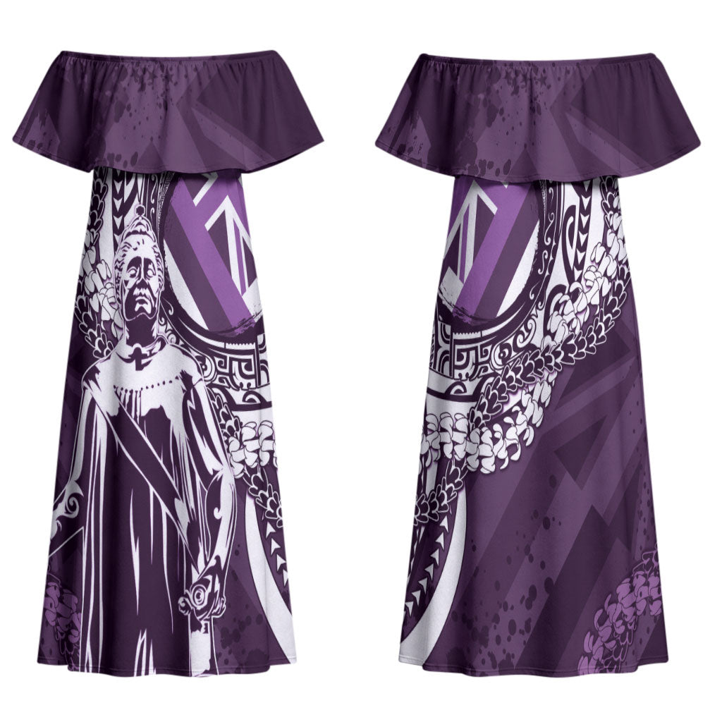 Hawaii Queen Liliuokalani Family Matching Off Shoulder Maxi Dress and Hawaiian Shirt Hawaiian Maile Lei Flag Style LT05 Mom's Dress Purple - Polynesian Pride