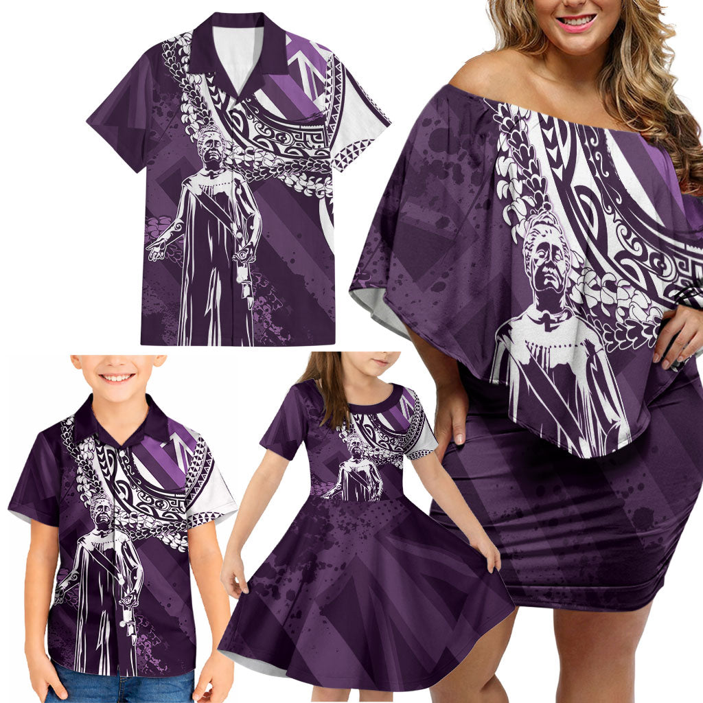 Hawaii Queen Liliuokalani Family Matching Off Shoulder Short Dress and Hawaiian Shirt Hawaiian Maile Lei Flag Style LT05 - Polynesian Pride