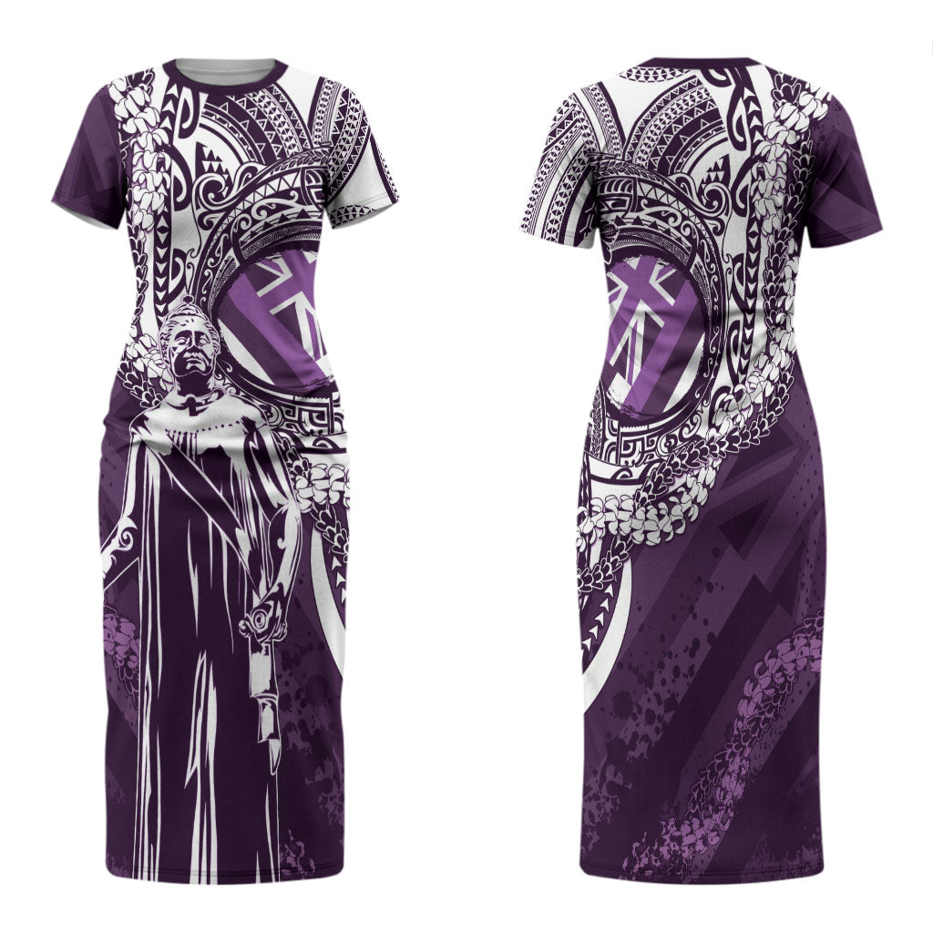 Hawaii Queen Liliuokalani Family Matching Short Sleeve Bodycon Dress and Hawaiian Shirt Hawaiian Maile Lei Flag Style LT05 Mom's Dress Purple - Polynesian Pride