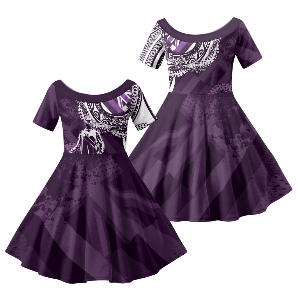 Hawaii Queen Liliuokalani Family Matching Short Sleeve Bodycon Dress and Hawaiian Shirt Hawaiian Maile Lei Flag Style LT05 Daughter's Dress Purple - Polynesian Pride