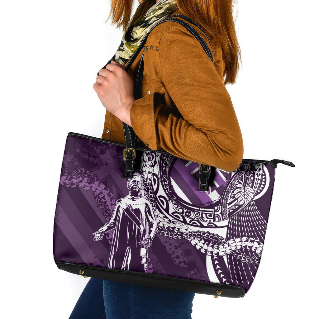 Hawaii Queen Liliuokalani Leather Tote Bag Hawaiian Maile Lei Flag Style LT05 Purple - Polynesian Pride