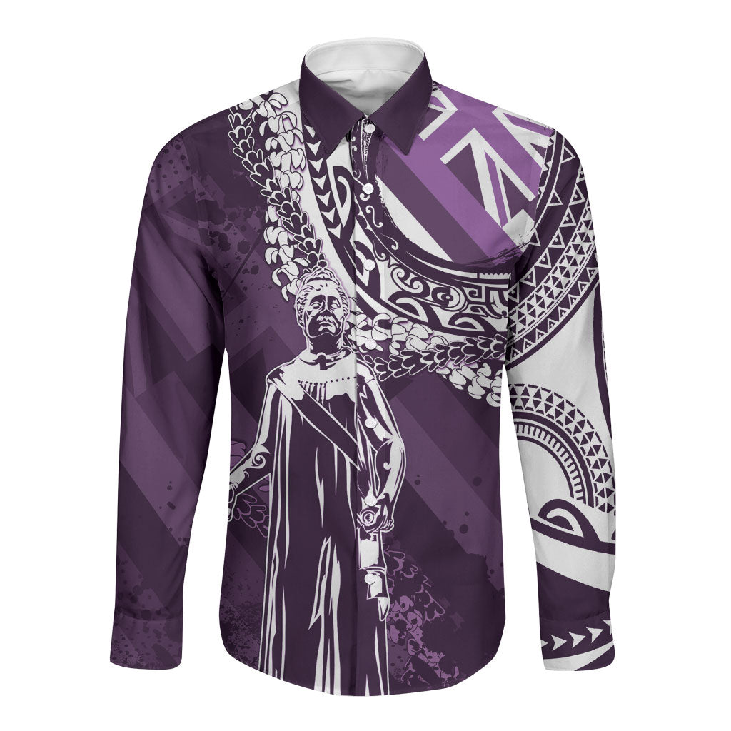 Hawaii Queen Liliuokalani Long Sleeve Button Shirt Hawaiian Maile Lei Flag Style LT05 Unisex Purple - Polynesian Pride