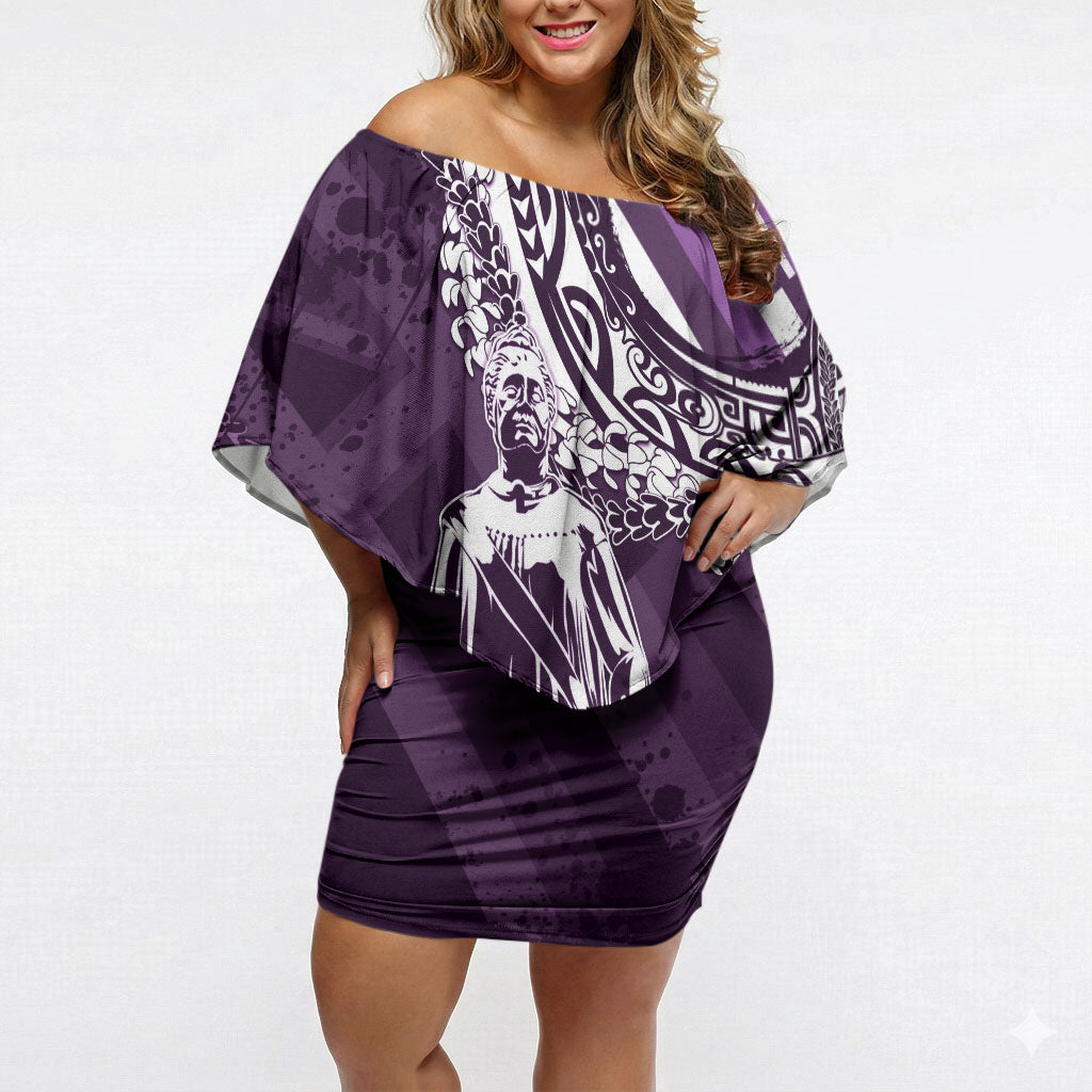 Hawaii Queen Liliuokalani Off Shoulder Short Dress Hawaiian Maile Lei Flag Style LT05 Women Purple - Polynesian Pride
