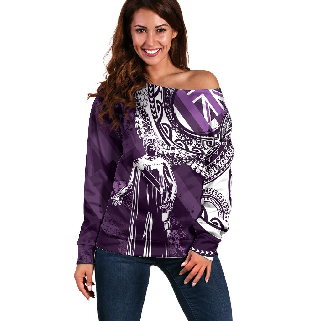 Hawaii Queen Liliuokalani Off Shoulder Sweater Hawaiian Maile Lei Flag Style LT05 Women Purple - Polynesian Pride