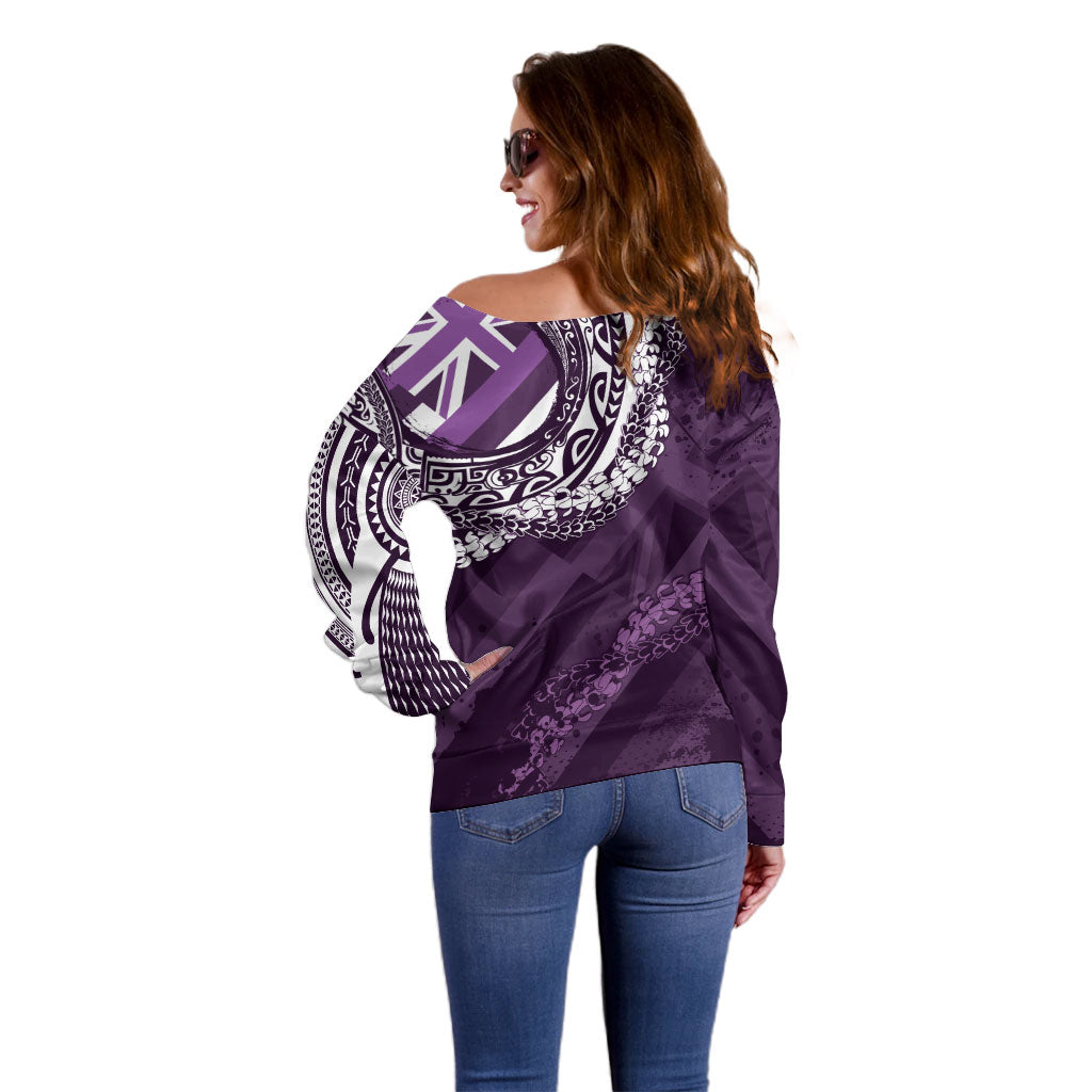 Hawaii Queen Liliuokalani Off Shoulder Sweater Hawaiian Maile Lei Flag Style LT05 - Polynesian Pride
