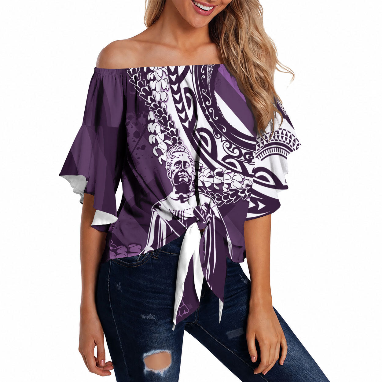Hawaii Queen Liliuokalani Off Shoulder Wrap Waist Top Hawaiian Maile Lei Flag Style LT05 Purple - Polynesian Pride