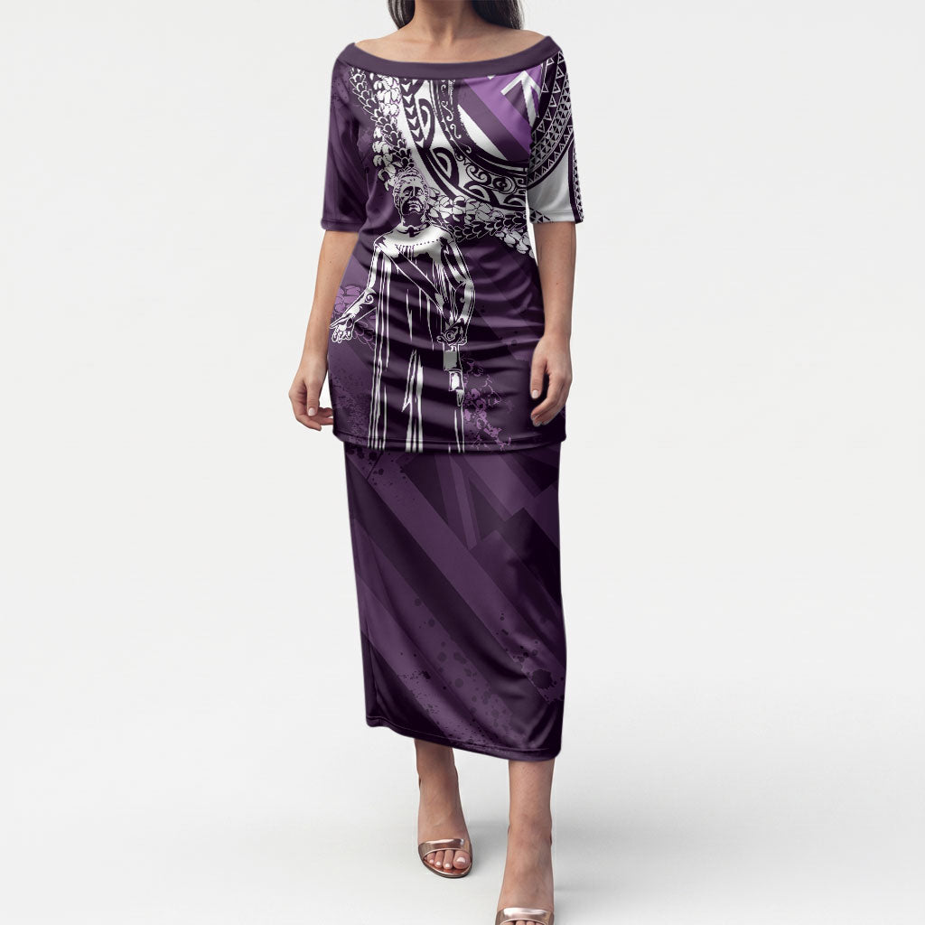 Hawaii Queen Liliuokalani Puletasi Hawaiian Maile Lei Flag Style LT05 Long Dress Purple - Polynesian Pride