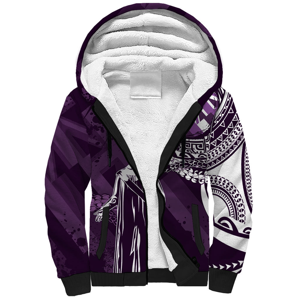 Hawaii Queen Liliuokalani Sherpa Hoodie Hawaiian Maile Lei Flag Style LT05 Unisex Purple - Polynesian Pride