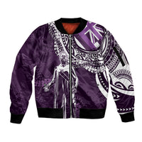 Hawaii Queen Liliuokalani Sleeve Zip Bomber Jacket Hawaiian Maile Lei Flag Style LT05 Unisex Purple - Polynesian Pride