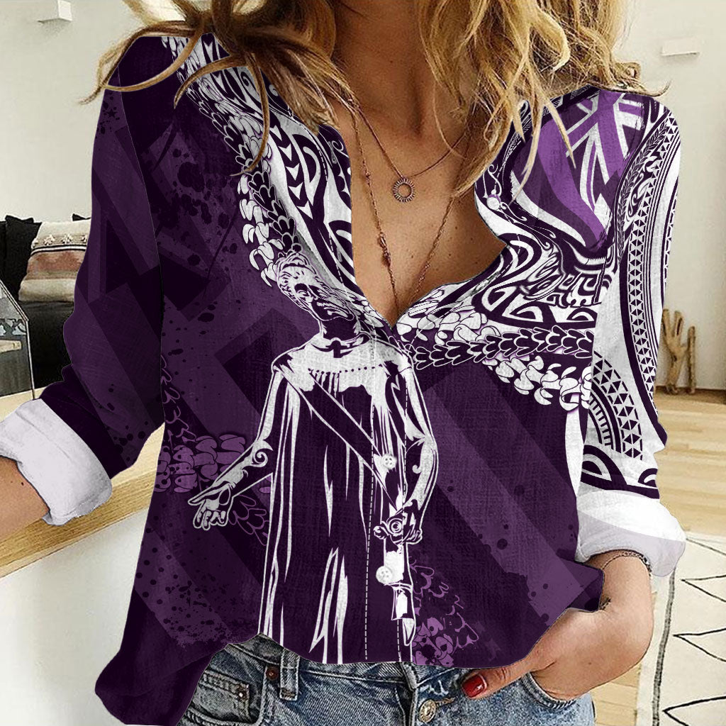 Hawaii Queen Liliuokalani Women Casual Shirt Hawaiian Maile Lei Flag Style LT05 Female Purple - Polynesian Pride