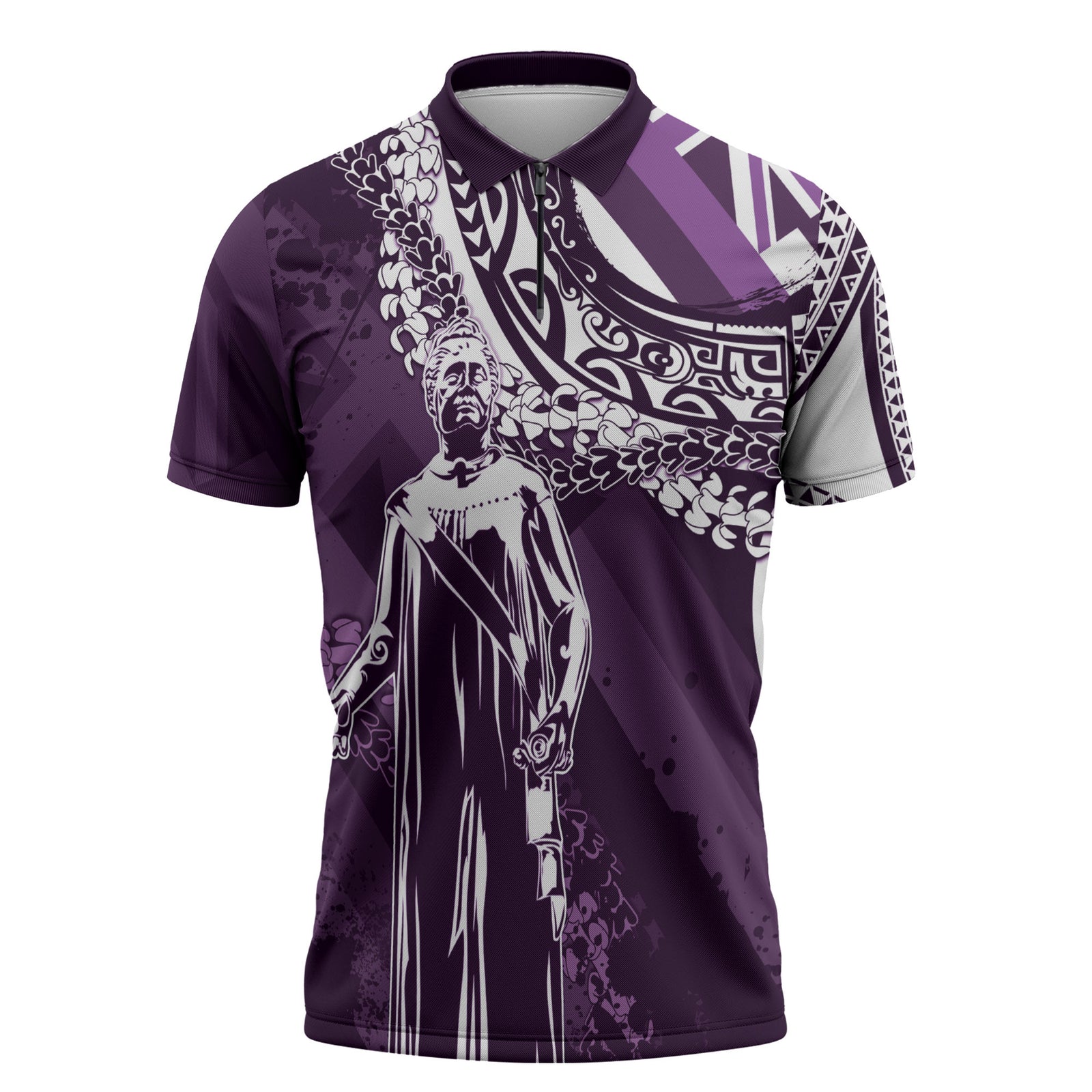 Hawaii Queen Liliuokalani Zipper Polo Shirt Hawaiian Maile Lei Flag Style LT05 Purple - Polynesian Pride