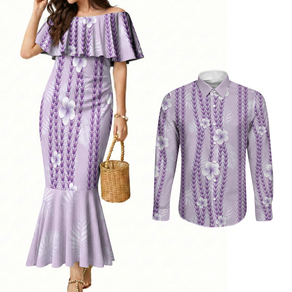 Hawaii Queen Liliuokalani Couples Matching Mermaid Dress and Long Sleeve Button Shirt Lavender Lei Pua Kalaunu LT05 Lavender - Polynesian Pride