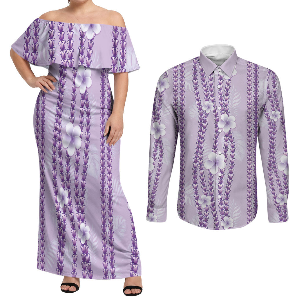 Hawaii Queen Liliuokalani Couples Matching Off Shoulder Maxi Dress and Long Sleeve Button Shirt Lavender Lei Pua Kalaunu LT05 Lavender - Polynesian Pride