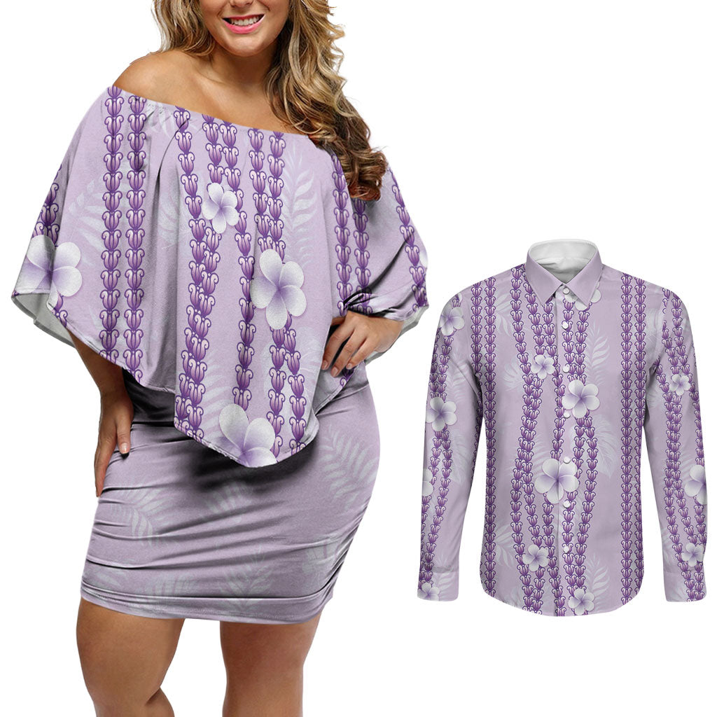 Hawaii Queen Liliuokalani Couples Matching Off Shoulder Short Dress and Long Sleeve Button Shirt Lavender Lei Pua Kalaunu LT05 Lavender - Polynesian Pride