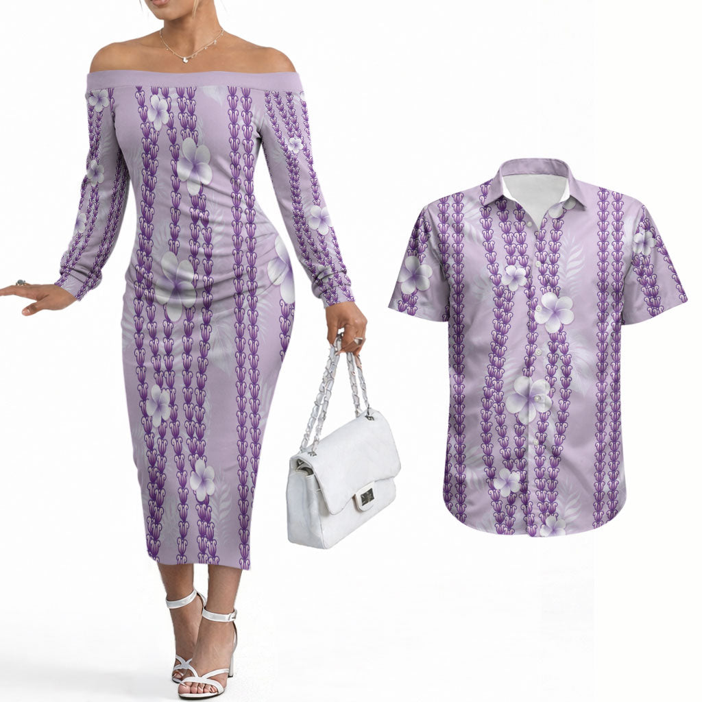 Hawaii Queen Liliuokalani Couples Matching Off The Shoulder Long Sleeve Dress and Hawaiian Shirt Lavender Lei Pua Kalaunu LT05 Lavender - Polynesian Pride