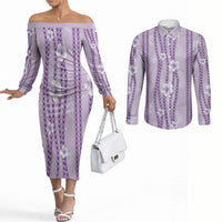 Hawaii Queen Liliuokalani Couples Matching Off The Shoulder Long Sleeve Dress and Long Sleeve Button Shirt Lavender Lei Pua Kalaunu LT05 Lavender - Polynesian Pride
